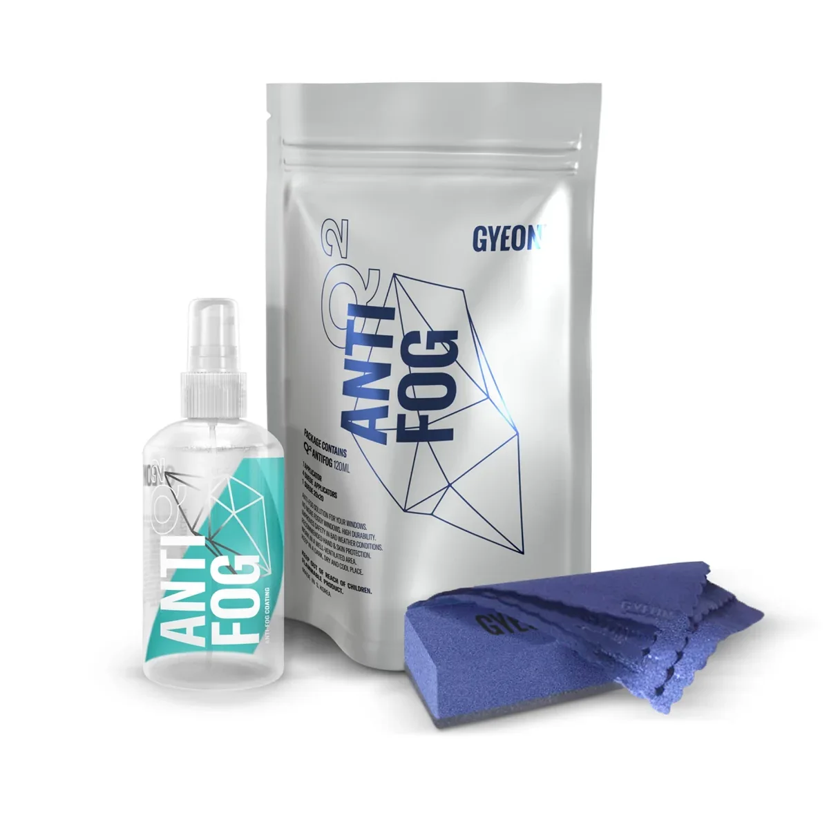 Gyeon Q2 AntiFog 120ml kit with bottle, pouch, and microfiber cloth